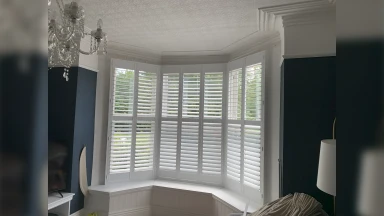 Dark blue living room walls with Window Shutters fitted into a bay window