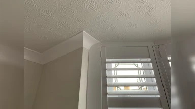 White window shutters fitted neatly with coving surround